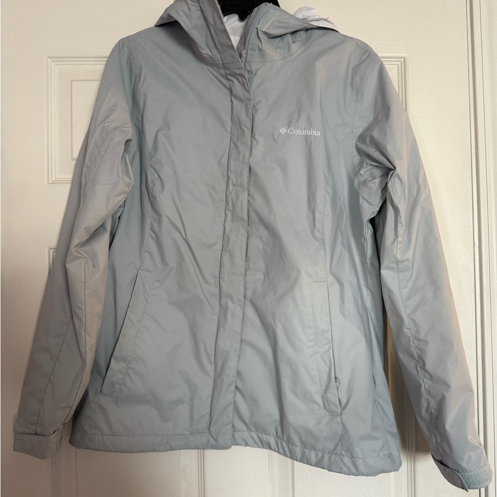 Columbia Ice Blue Light Gray Hooded Windbreaker Jacket Raincoat
